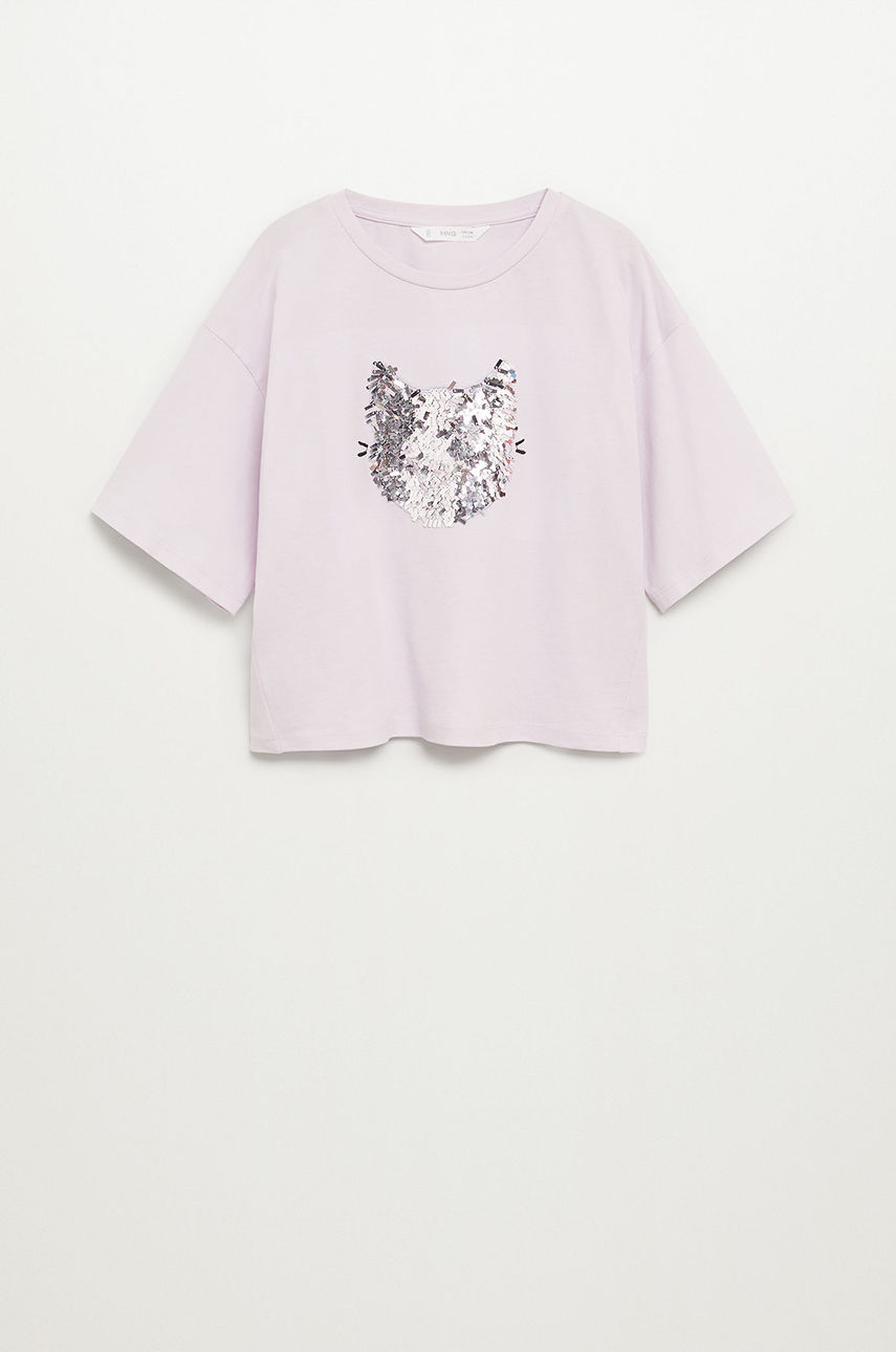 Mango Kids - T-shirt dziecięcy Cat 110-164 cm fioletowy 77094007