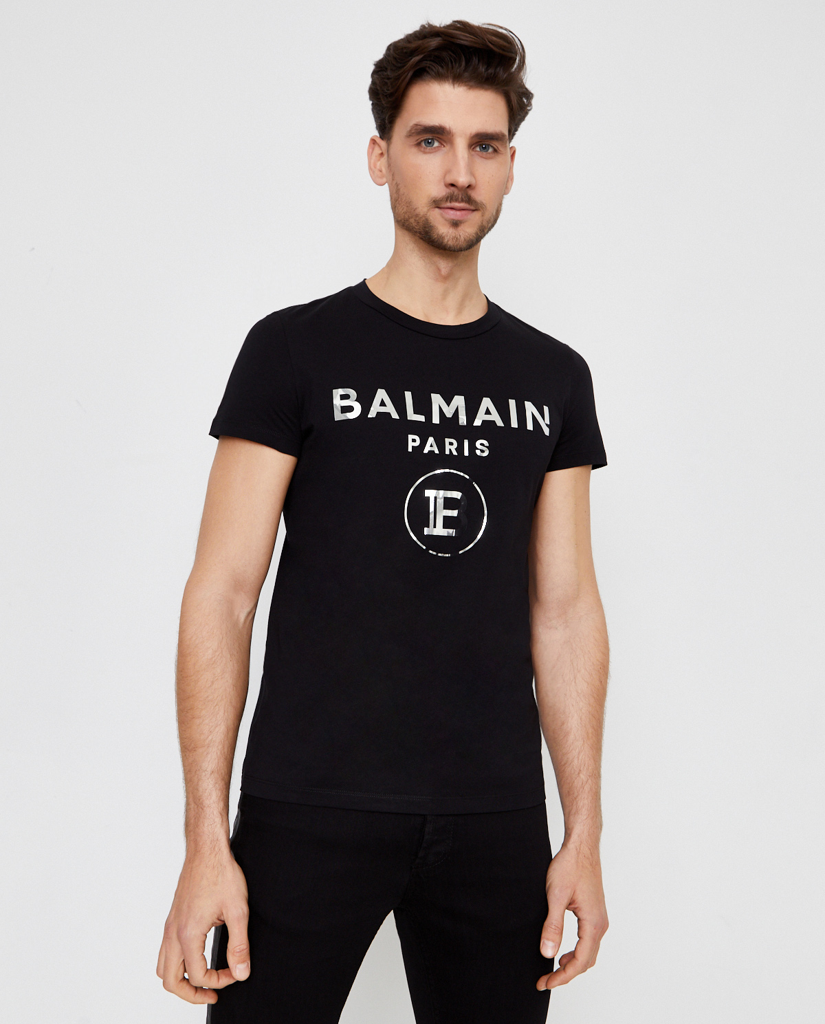 BALMAIN - Koszulka ze srebrnym logo UH01601I340