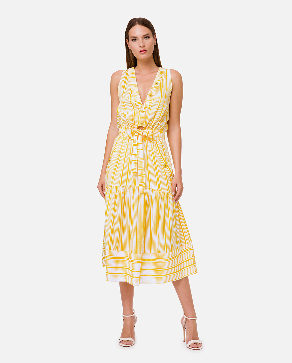 ELISABETTA FRANCHI - Żółta sukienka midi w paski AB02802