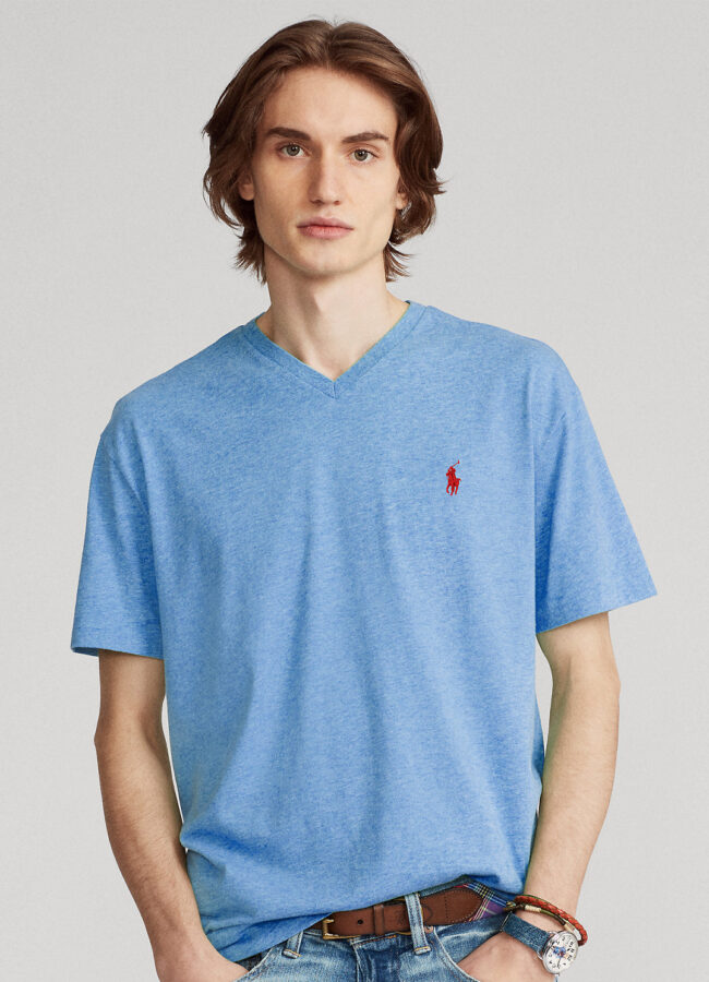 RALPH LAUREN - Niebieska koszulka w serek Custom Slim Fit 710671453113