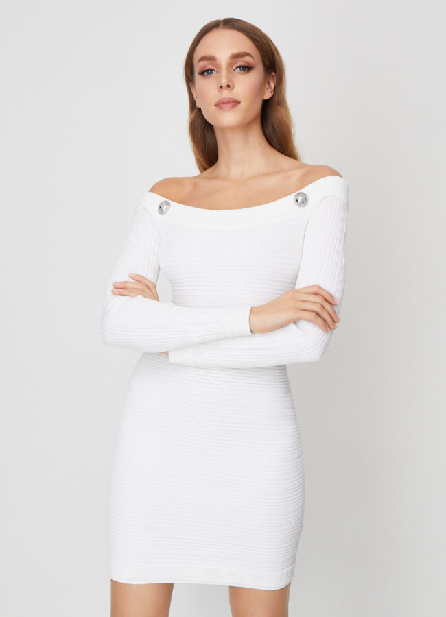 BALMAIN - Biała sukienka z odkrytymi ramionami TF06249K063