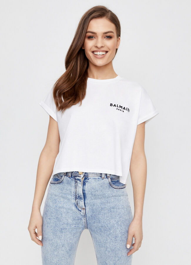 BALMAIN - Biały krótki t-shirt VF11370B013