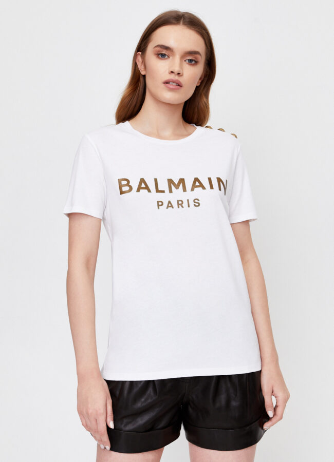 BALMAIN - Biały t-shirt z logo UF01350I591