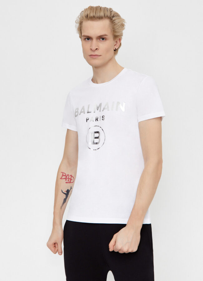 BALMAIN - Biały t-shirt ze srebrnym logo VH1EF000B066