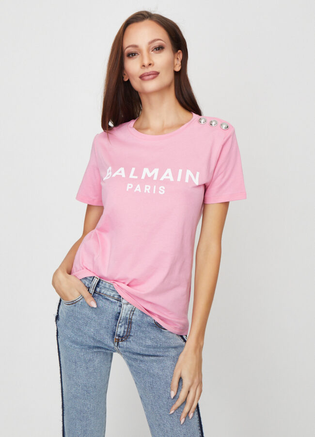 BALMAIN - Różowy t-shirt z logo TF01350I415