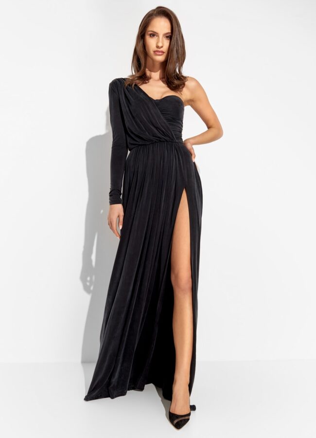 ELISABETTA FRANCHI - Czarna sukienka maxi na jedno ramię AB02311E2