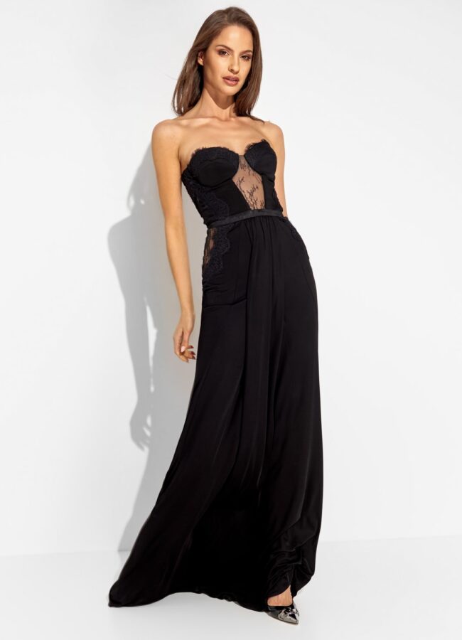 ELISABETTA FRANCHI - Czarna sukienka maxi z koronkowymi wstawkami AB06111E2