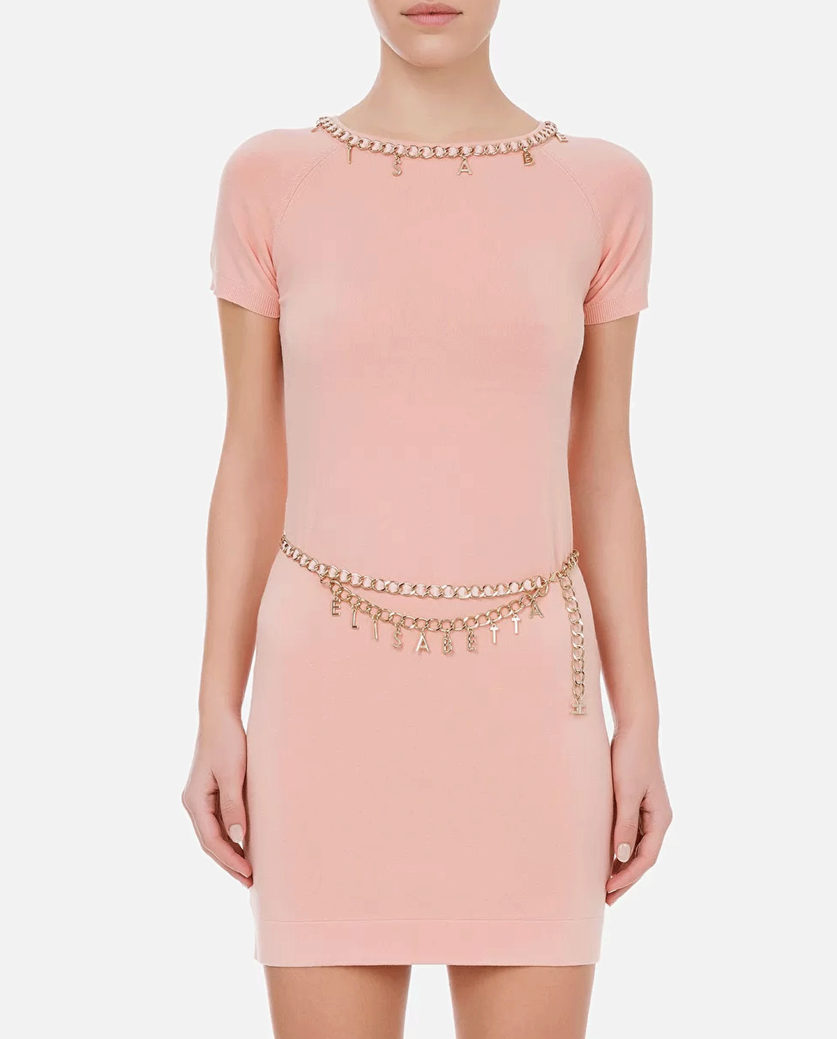 ELISABETTA FRANCHI - Różowa sukienka z łańcuszkami AM03S11E2