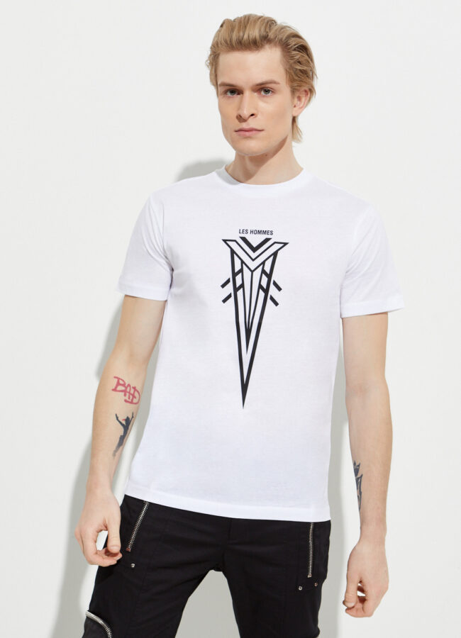 LES HOMMES - Biały t-shirt z kontrastowym nadrukiem LKT217700P