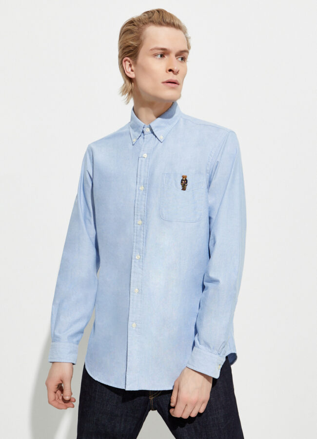 RALPH LAUREN - Niebieska koszula z misiem Oxford Custom Fit 710815583001