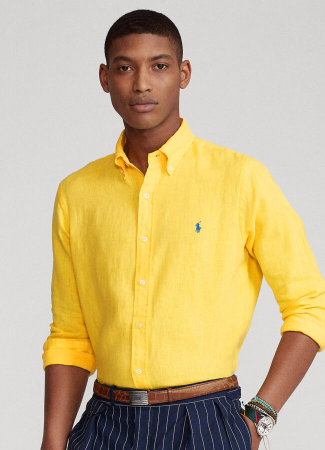 RALPH LAUREN - Żółta koszula z lnu Slim Fit 710829444001