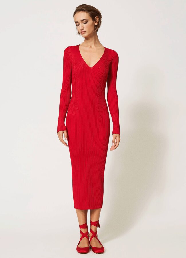 TWINSET - Czerwona midi sukienka z dekoltem 202TP3010