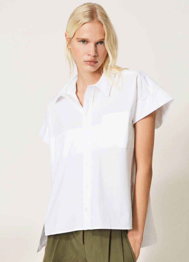 TWINSET - Luźna biała koszula z krótkim rękawem 211TT245E