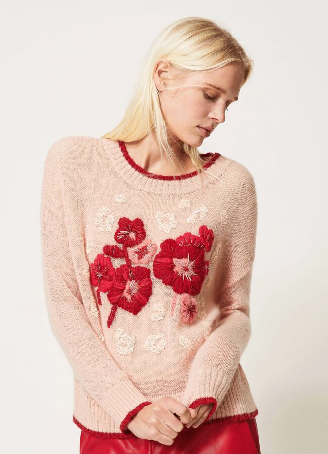 TWINSET - Różowy sweter z kwiatowym haftem 202TP3430