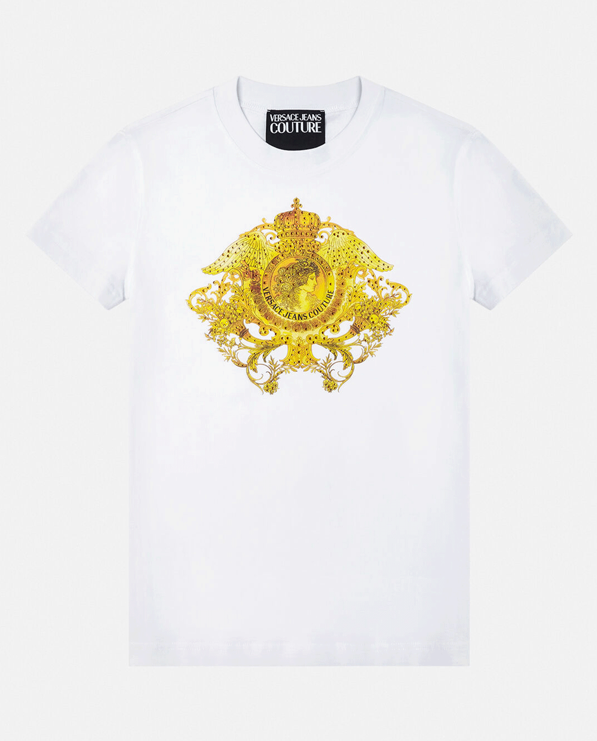 VERSACE - Biały t-shirt z motywem kryształu rococo B2HWA72911620003